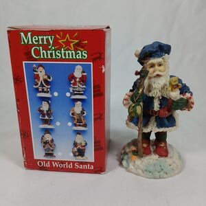 Vintage Old World Santa Resin Figurine Hand Painted Blue Coat Christmas Decor